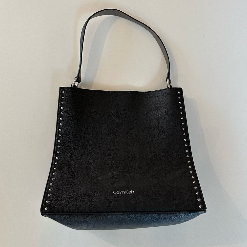 Calvin Klein Black Leather Shoulder Bag with Rhinestone Detail